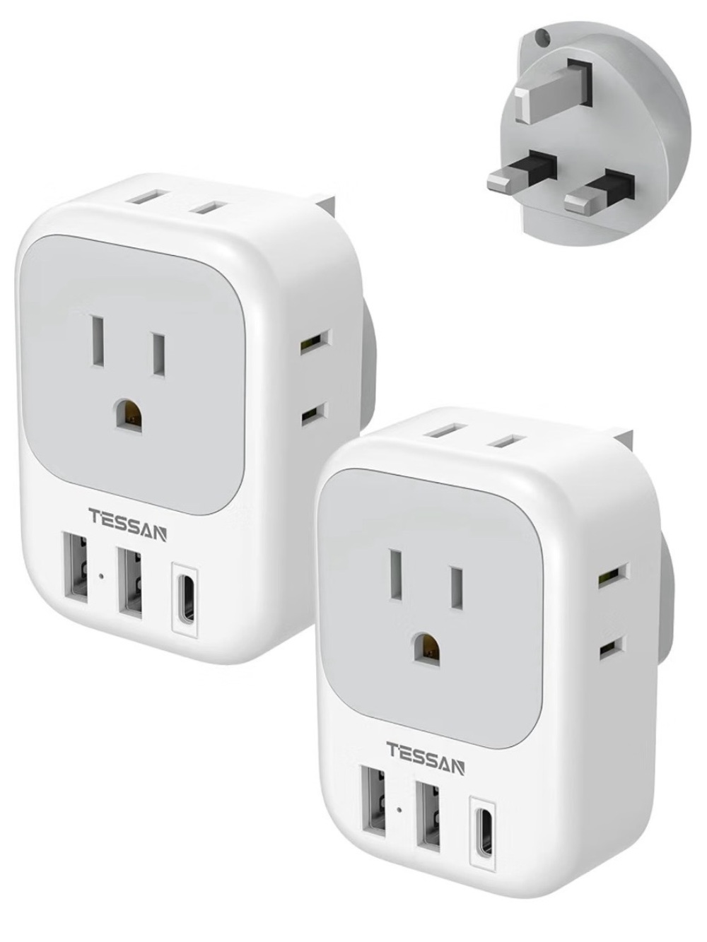 TESSAN UK Adapters for Travel, Type G Adaptor, 2 Pack 4 Outlets 3 USB, NEW
